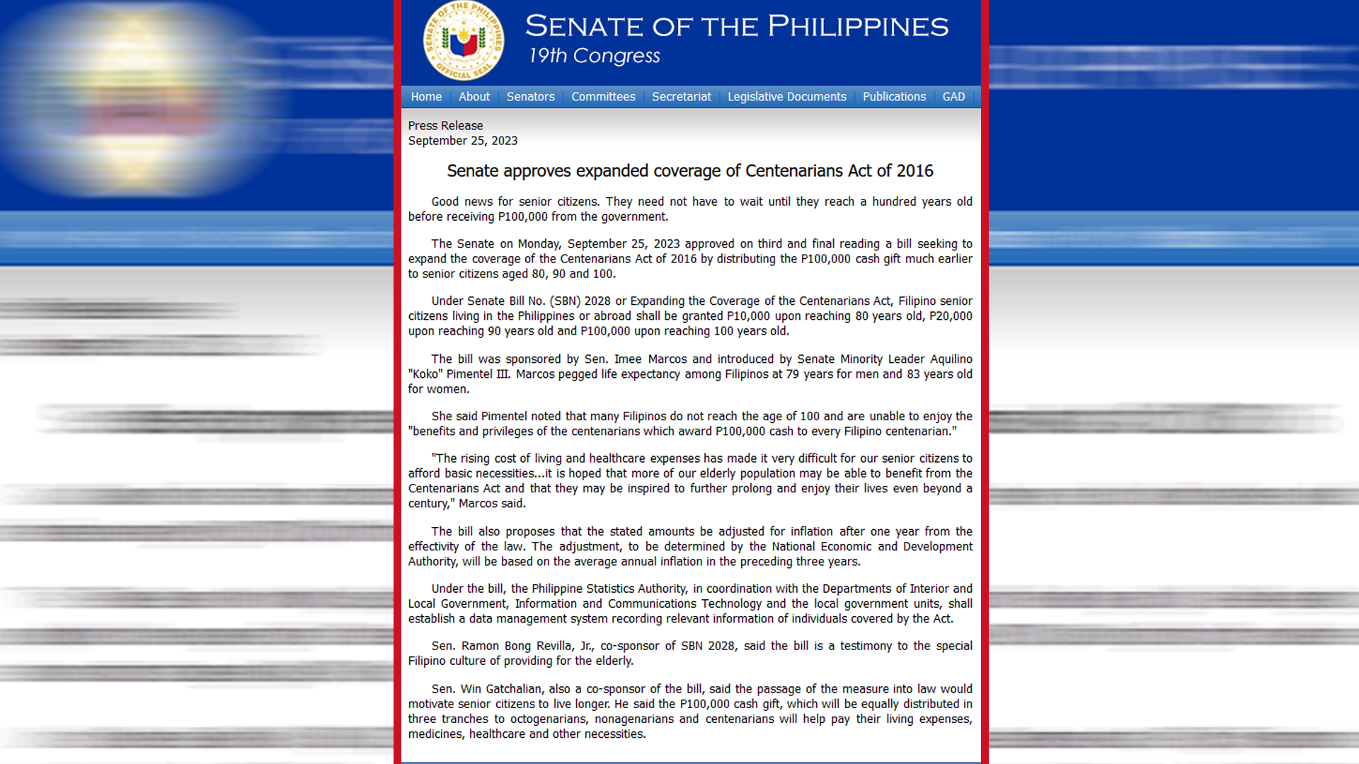 Senate approves expanded coverage of Centenarians Act of 2016